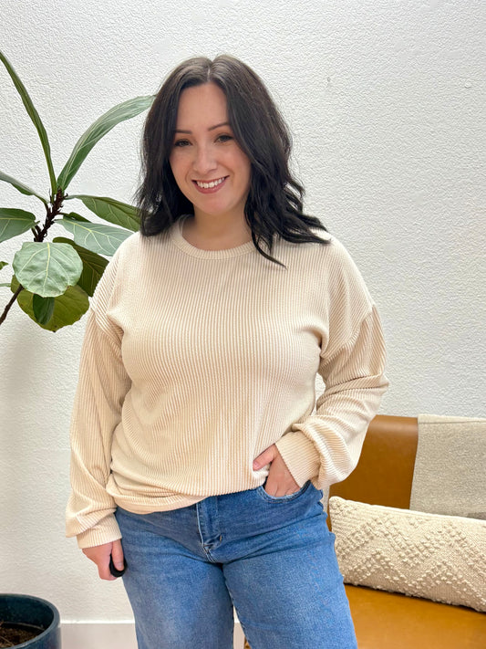Cream Long Sleeve Urban Rib Top