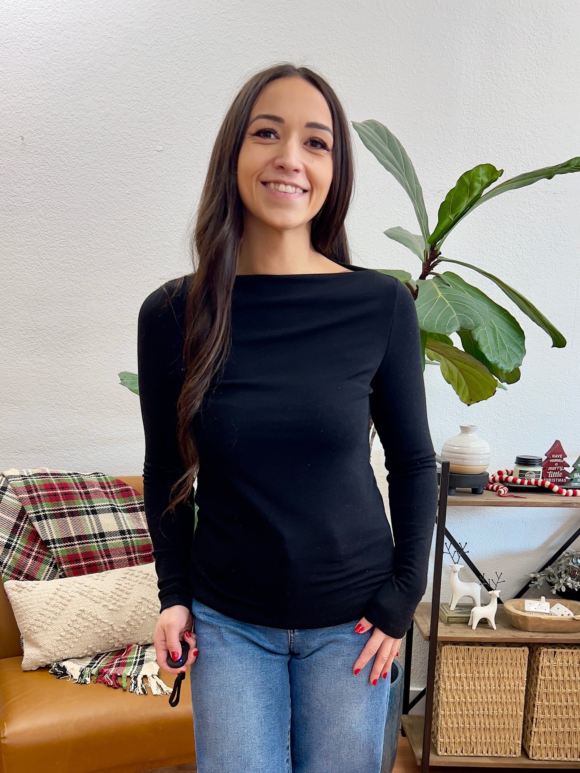 Black Boat Neck Layering Tee - Terra Cottage