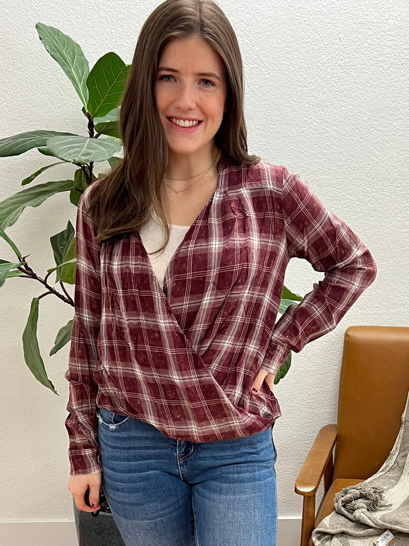 Burgundy Surplice Plaid Blouse