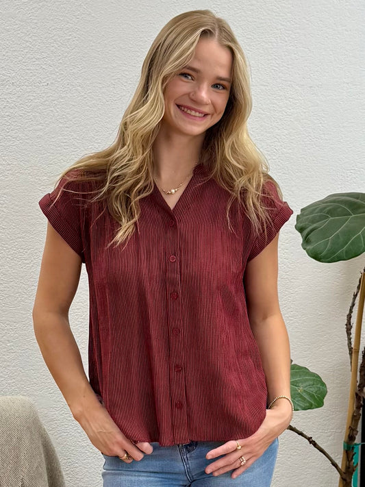 Burgundy Pinstripe Button Down Top