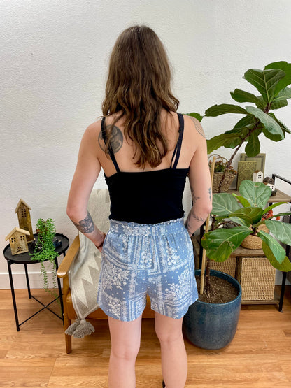 Blue Patterned Tie Front Shorts