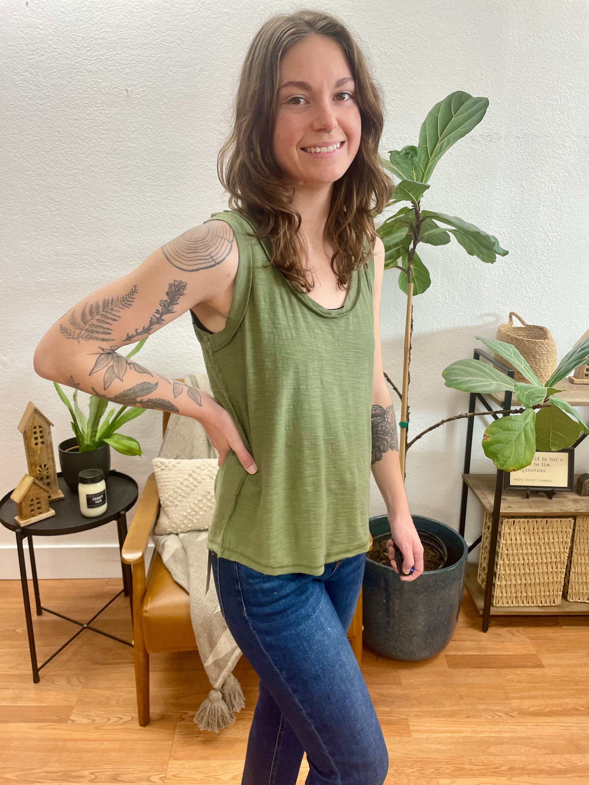 Olive Flowy Slub Tank - Terra Cottage