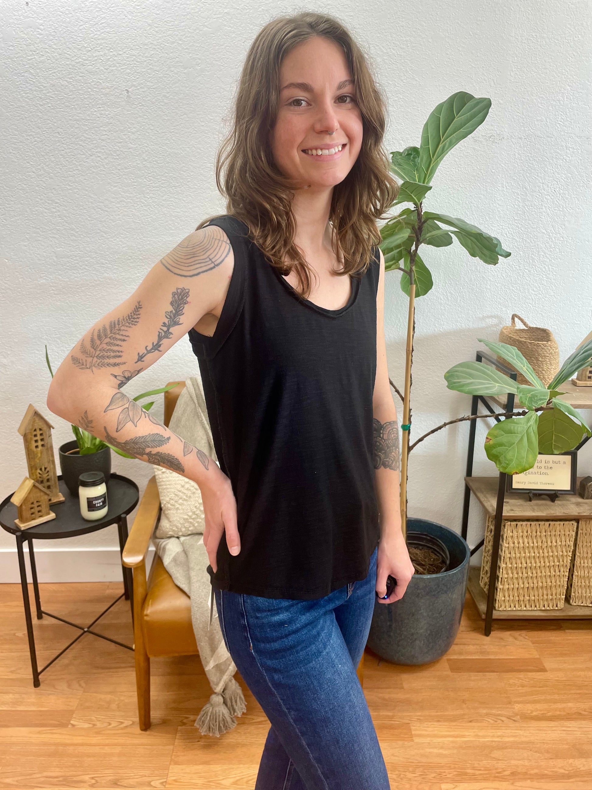 Black Flowy Slub Tank - Terra Cottage