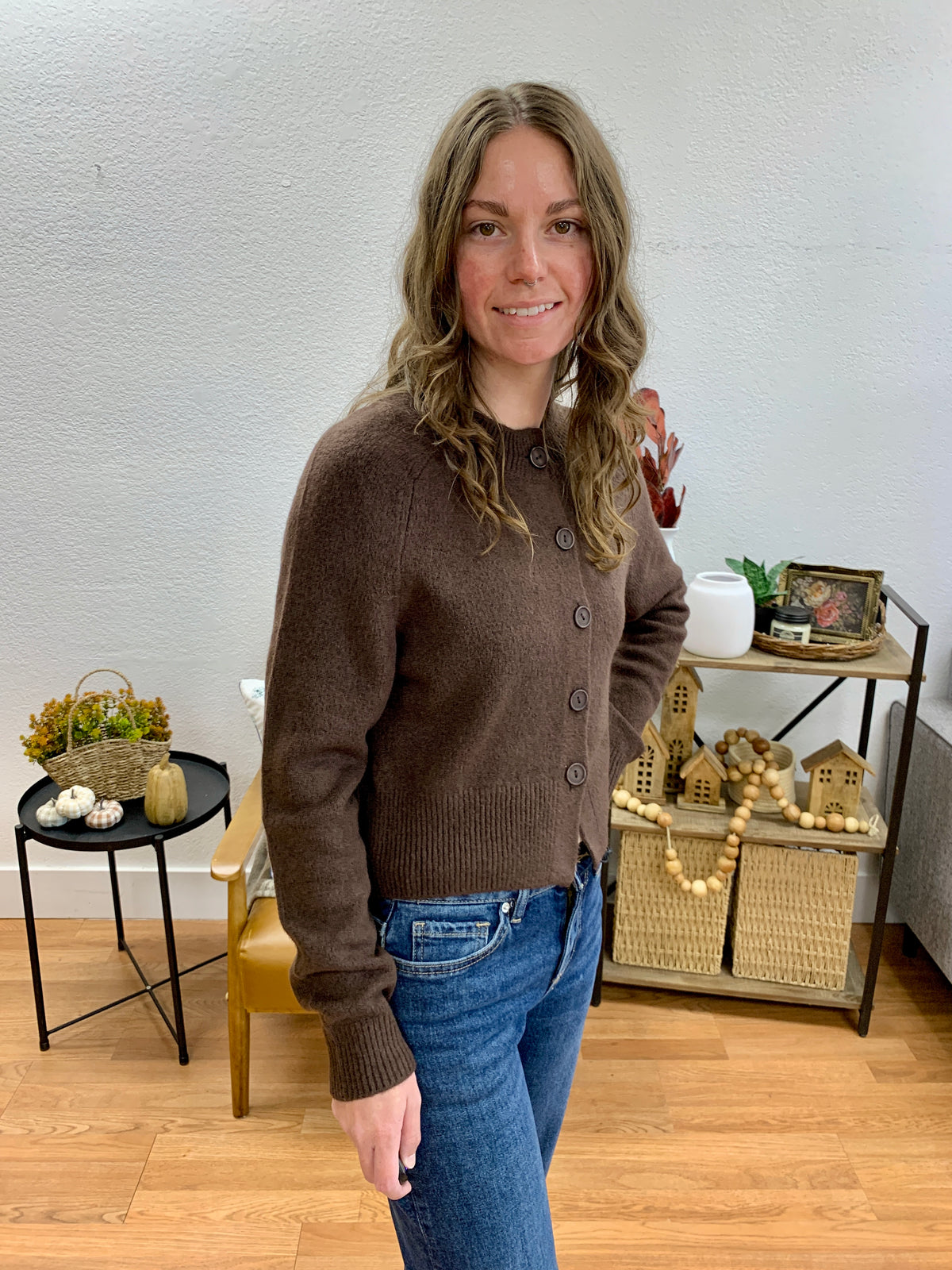 Brown Round Neck Cardigan