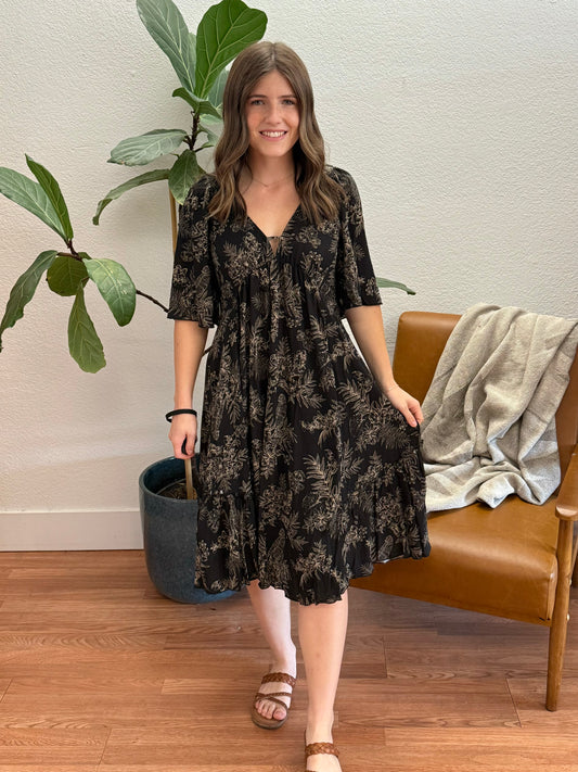 Black Floral V-Neck Midi Dress