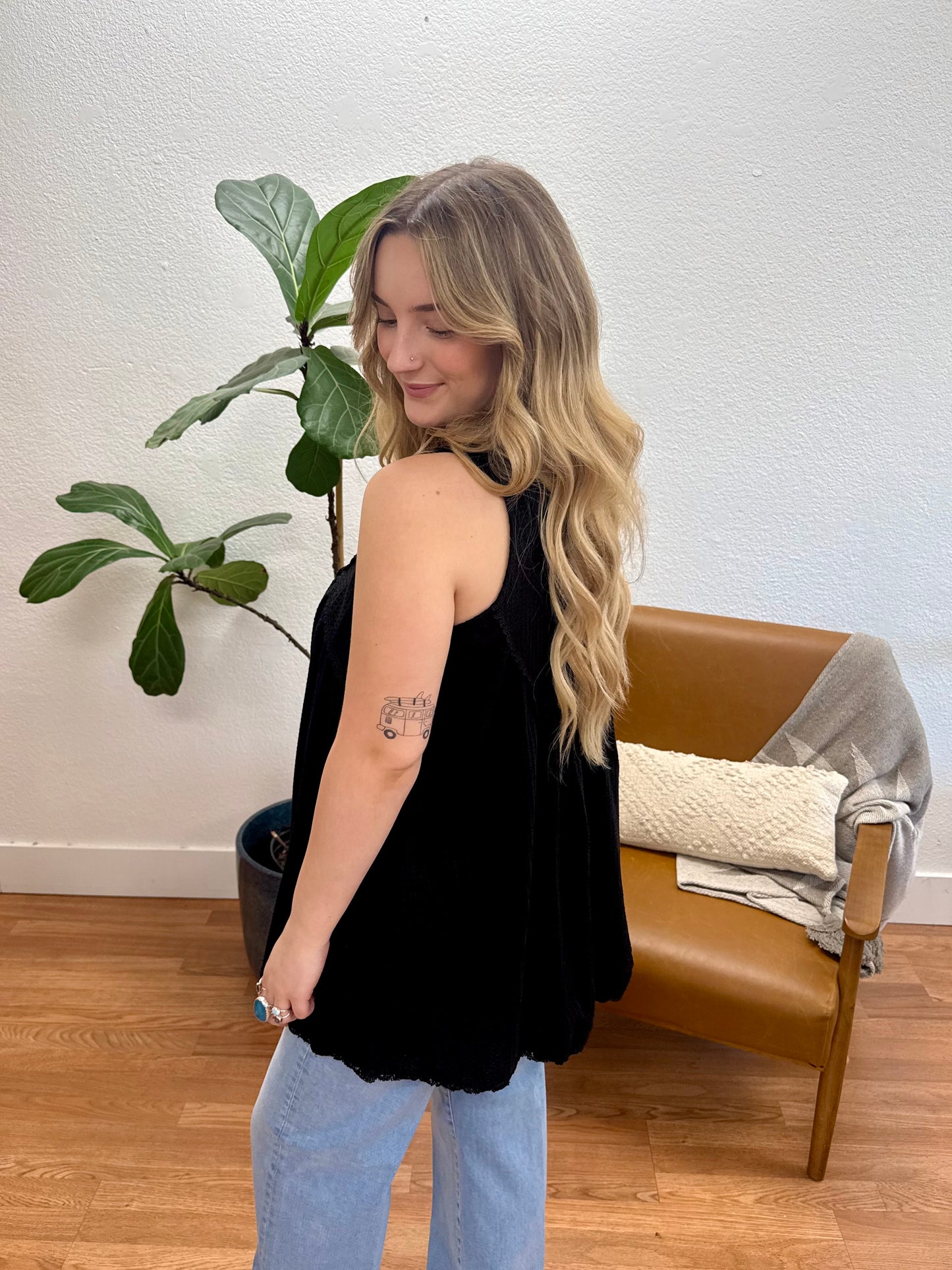 Black Lace Trim Button Tank