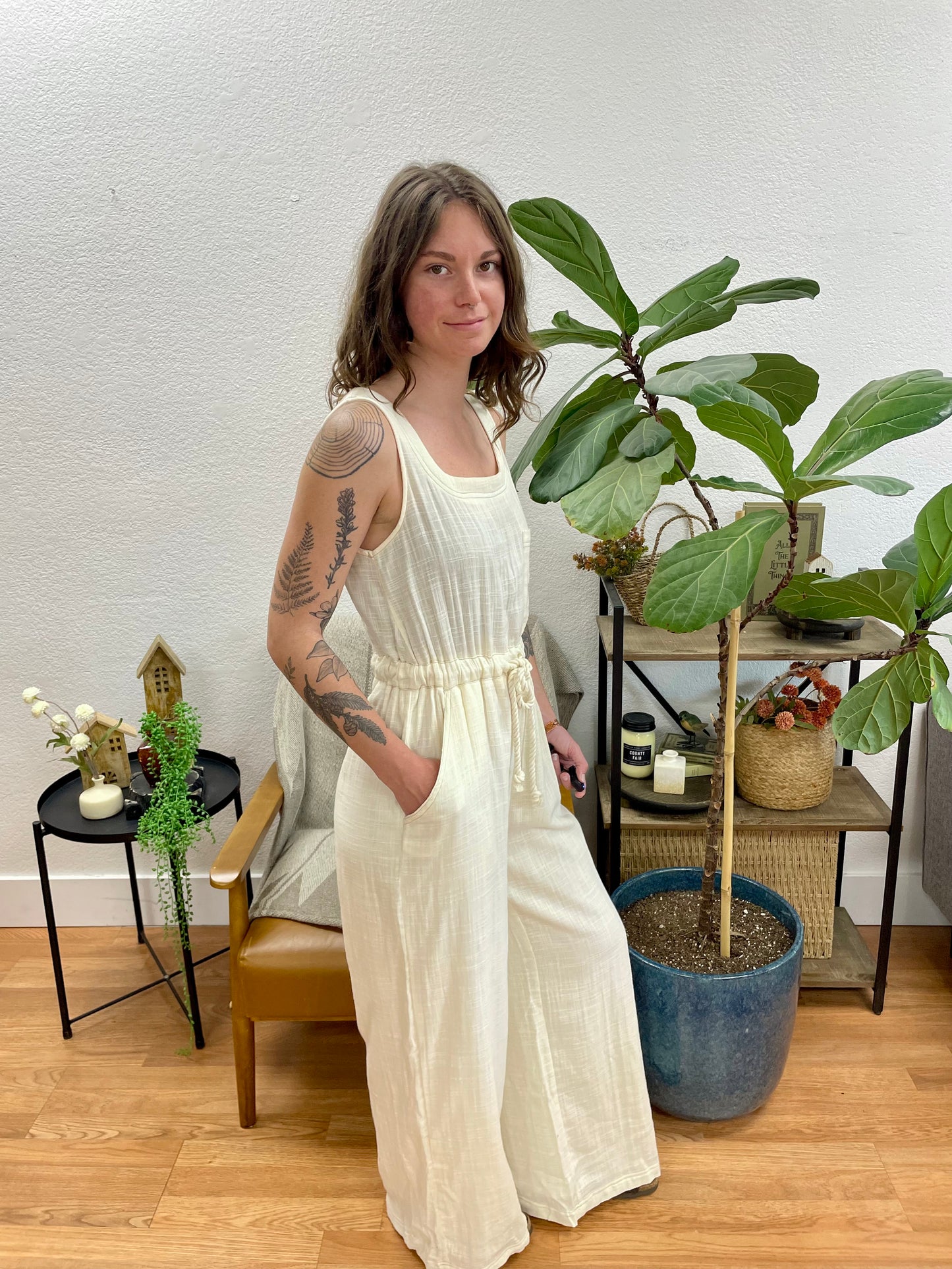 Cream Square Neck Jumpsuit