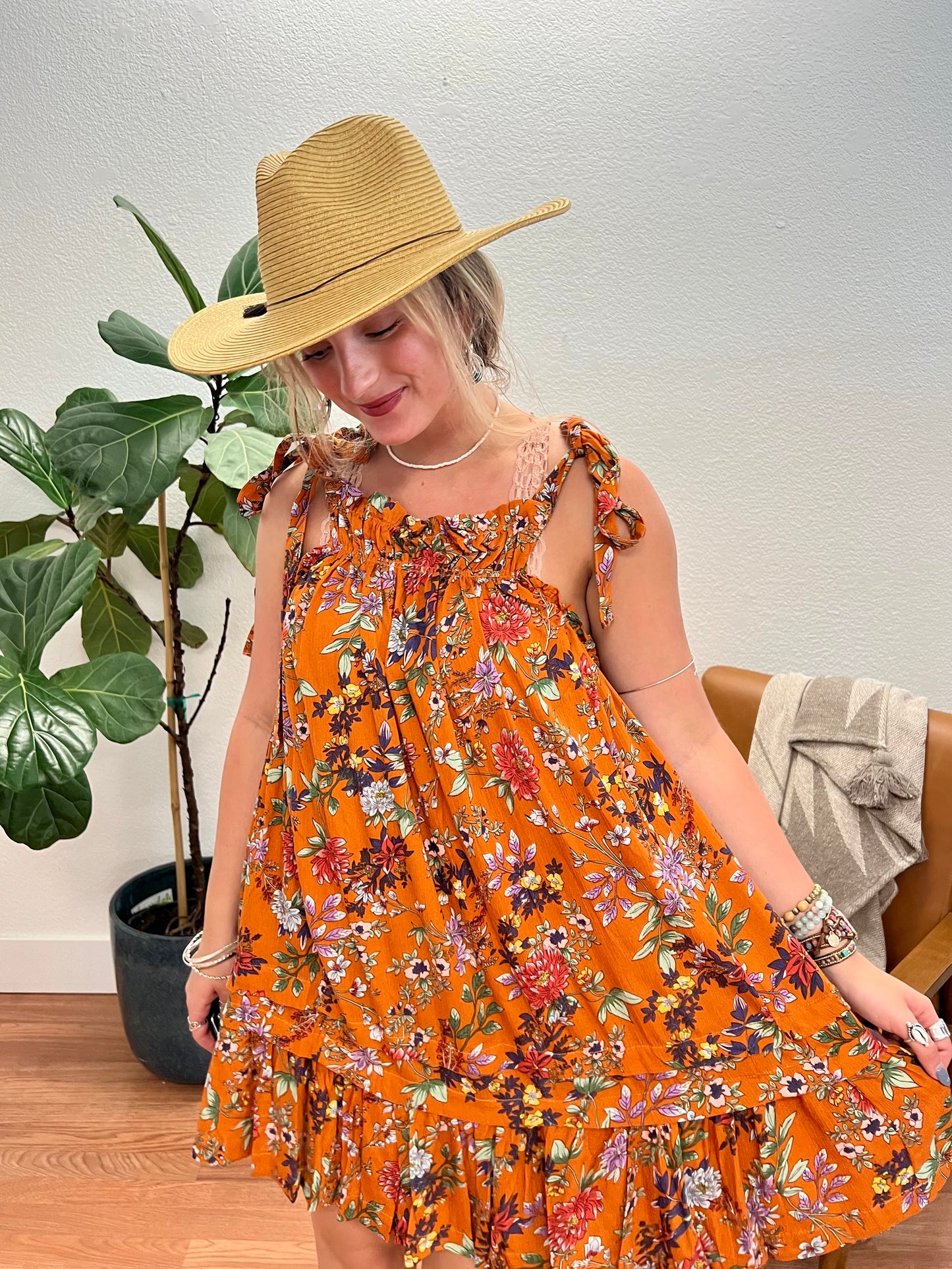 Orange Ruffle Floral Tunic Dress