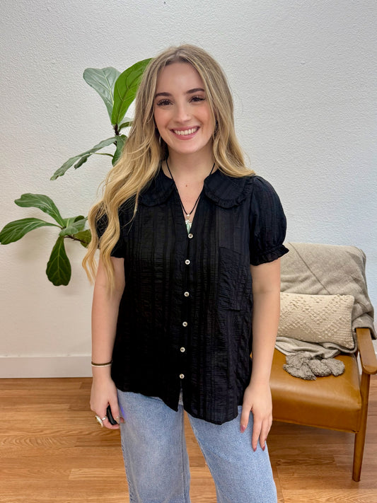 Black Peter Pan Button Down Top