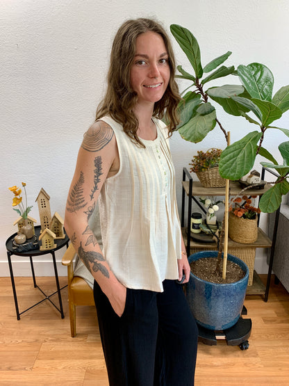 Cream Pintuck Button Front Top