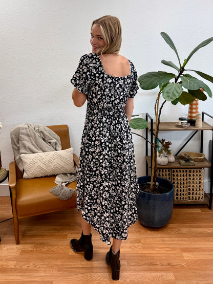 Black And Ivory Floral Sweetheart Dress