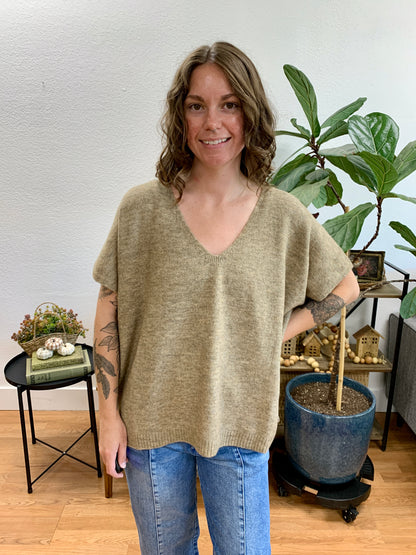 Mocha V Neck Short Sleeve Sweater