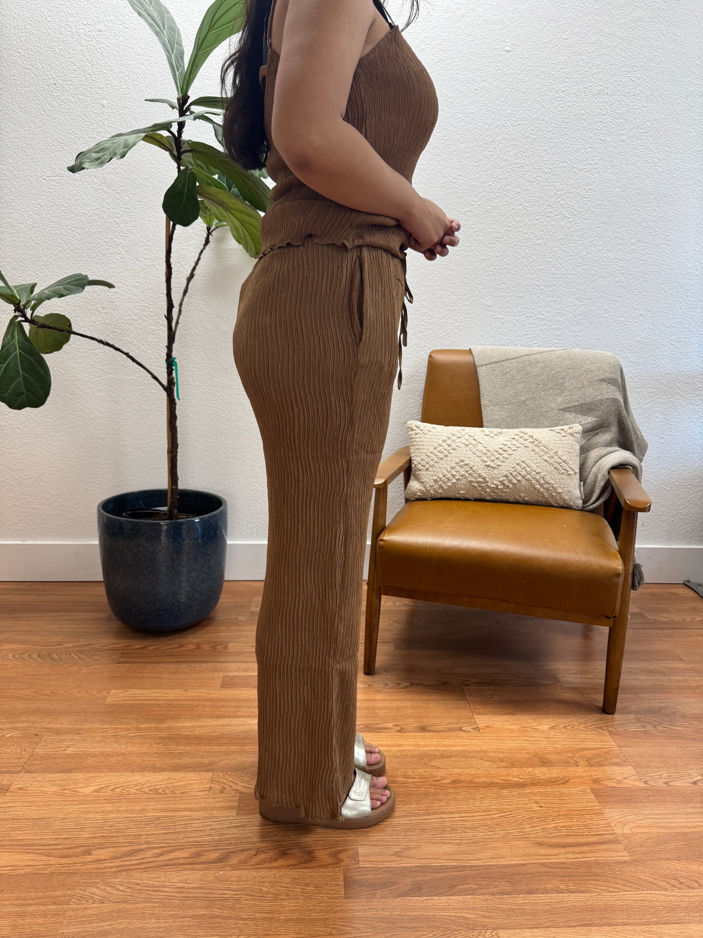 Almond High Waist Plisse Dress Pants