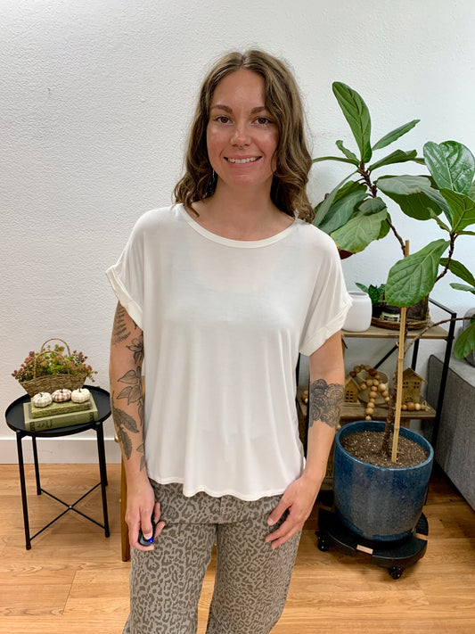 Ivory Crew Neck Rolled Sleeve Top