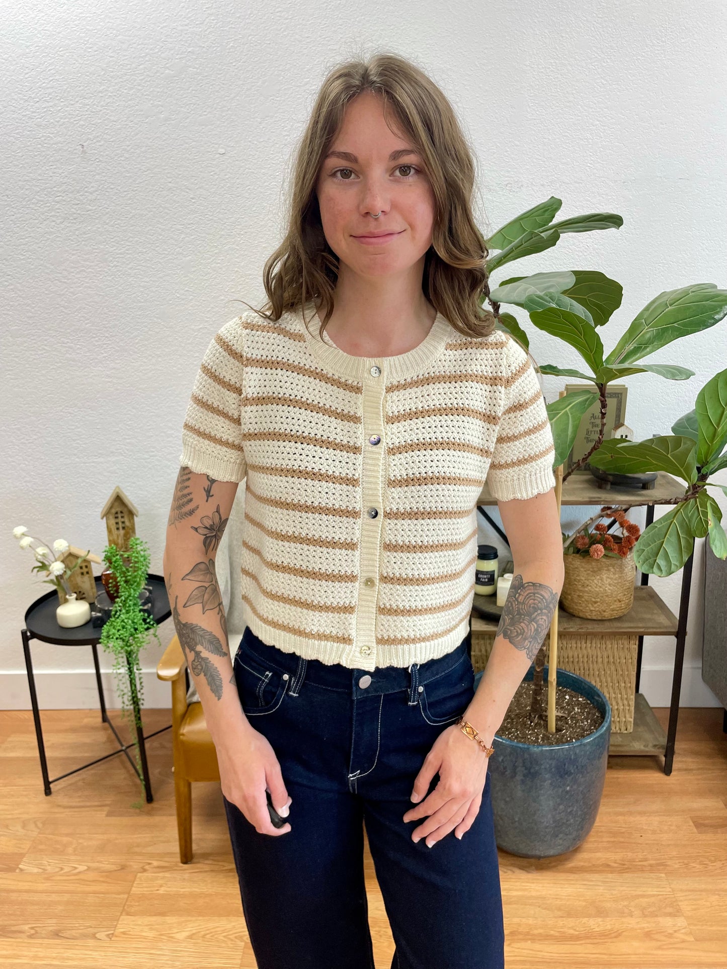 Taupe Striped Short Sleeve Cardigan