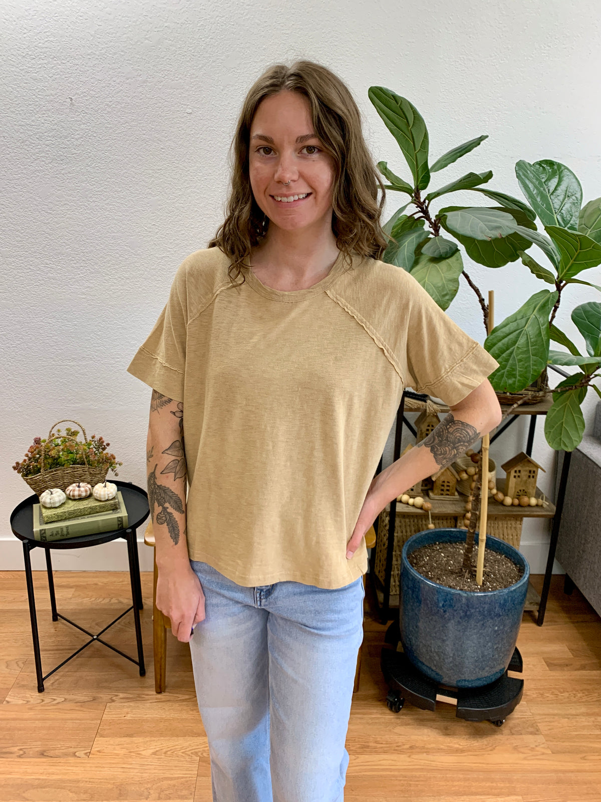Taupe Acid Wash Raglan Tee