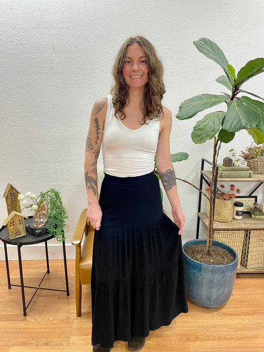 Black Smocked Waist Tiered Maxi Skirt - Terra Cottage
