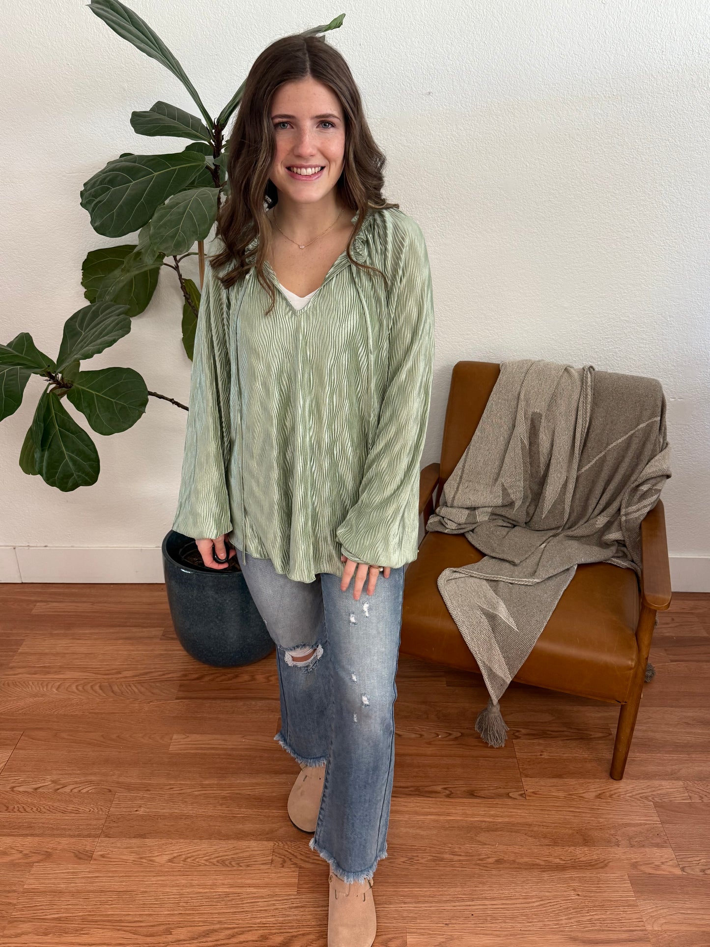 Sage Plisse Blouse