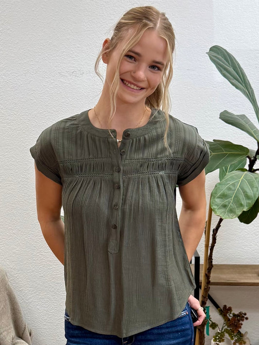 Olive Eyelet Trim Top