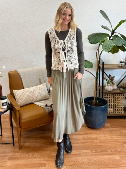 Olive Smocked Waist Flowy Skirt