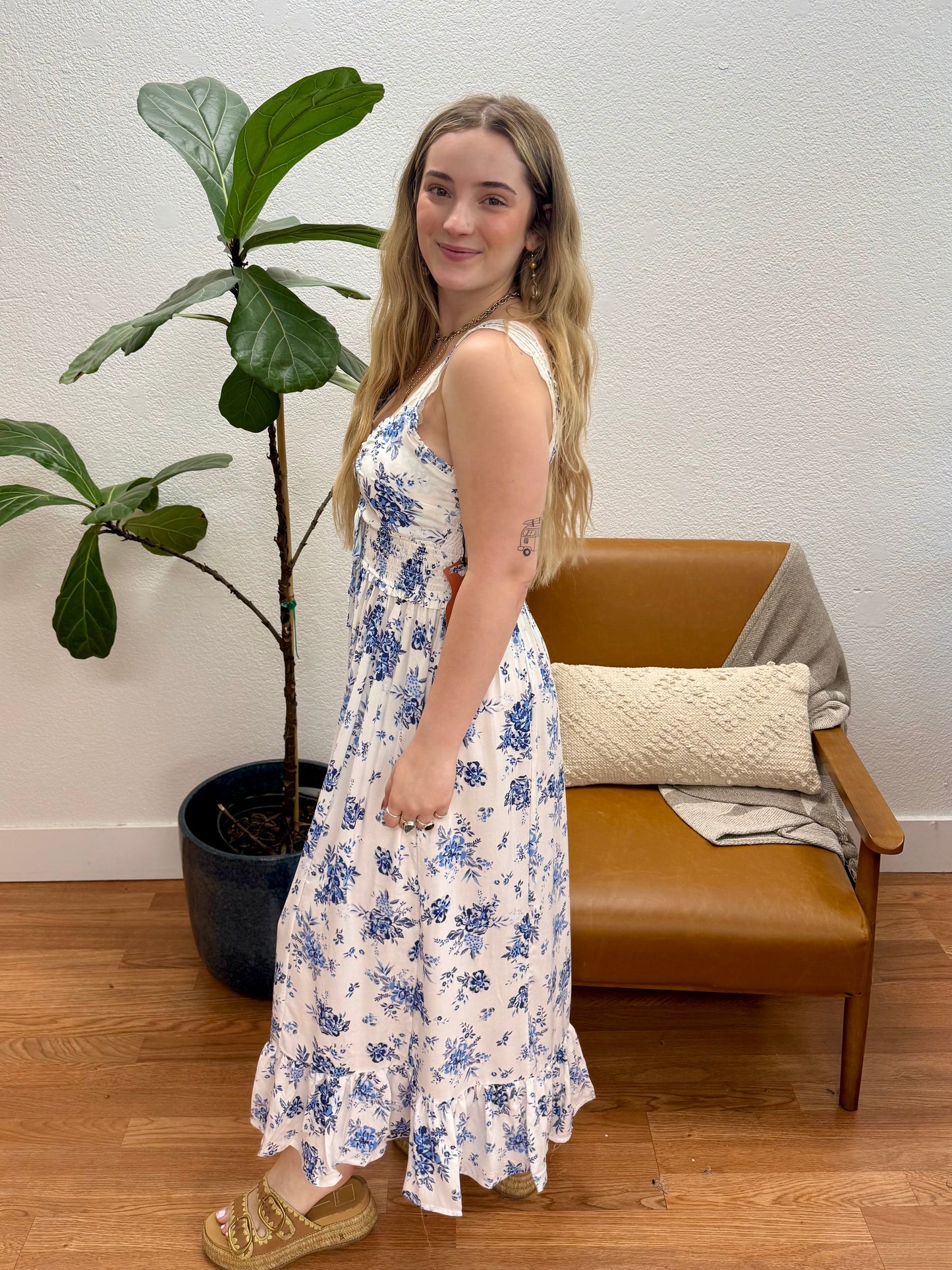 Blue Floral Smocked Ruffle Midi Dress