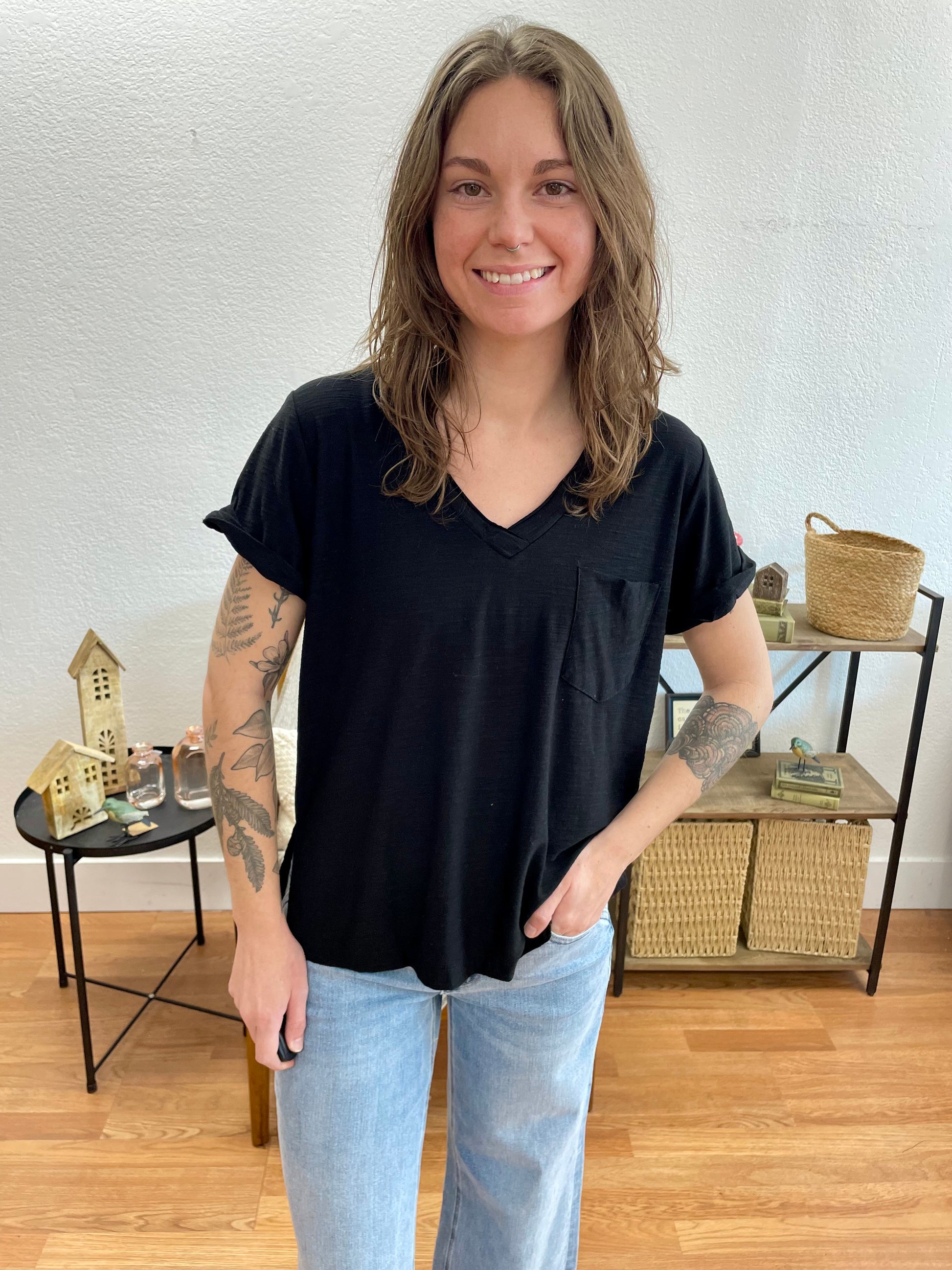 Black V Neck Slub Tee - Terra Cottage