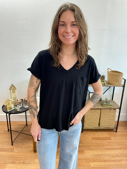 Black V Neck Slub Tee - Terra Cottage