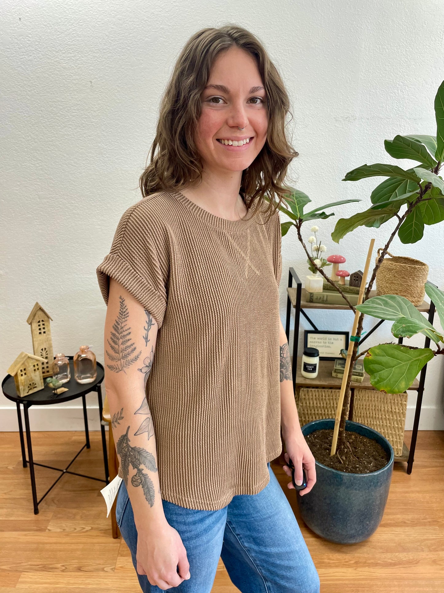 Mocha Ribbed Crew Neck Tee - Terra Cottage