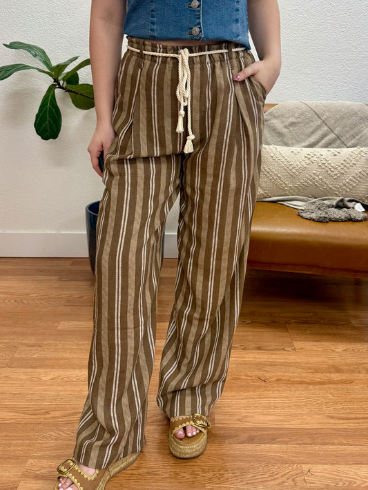 Brown/Taupe Belted Stripe Linen Pants