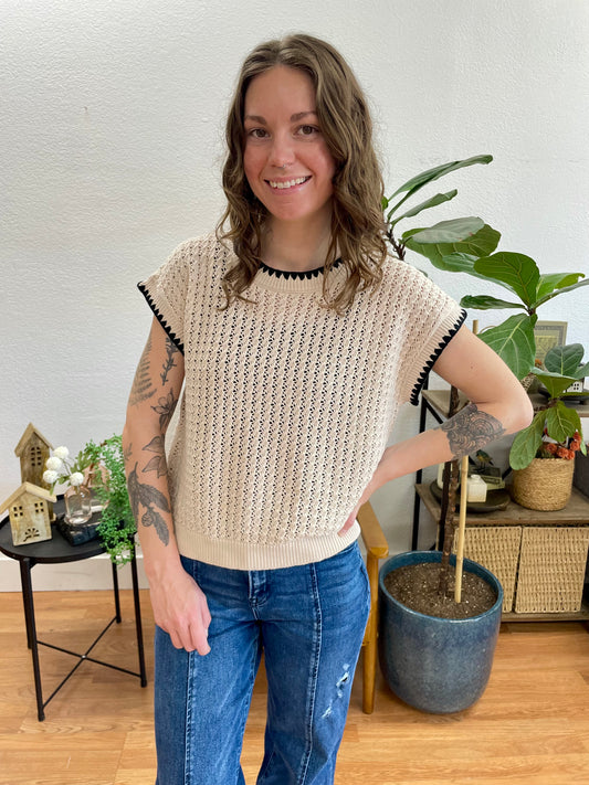 Khaki Contrast Trim Short Sleeve Sweater