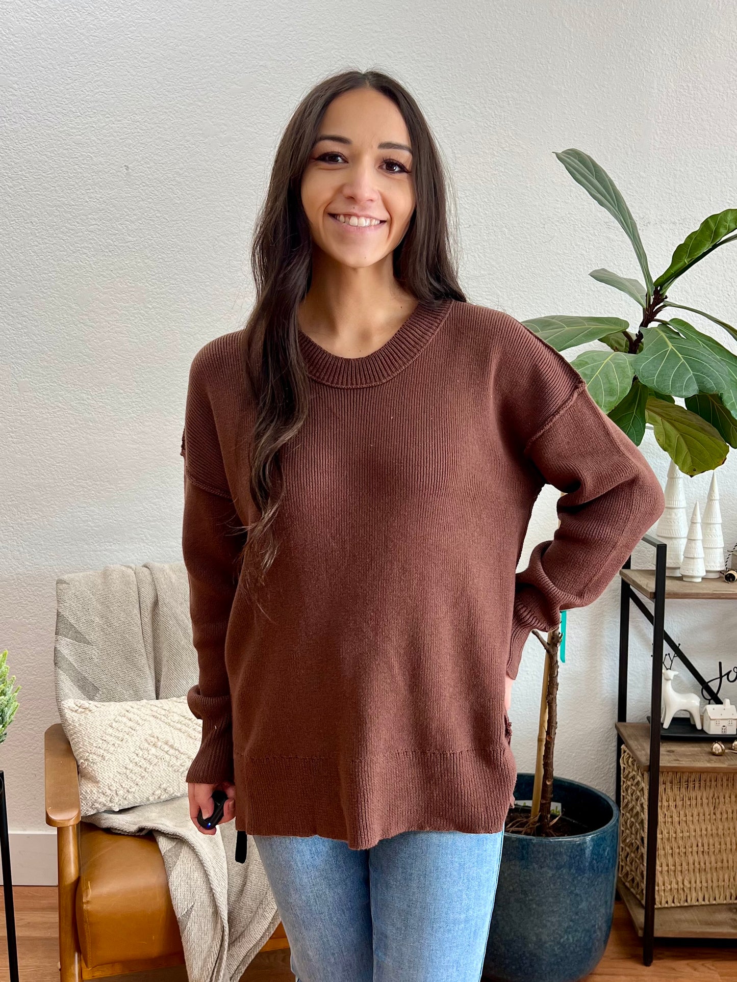 Brown Ribbed Exposed Seam Sweater