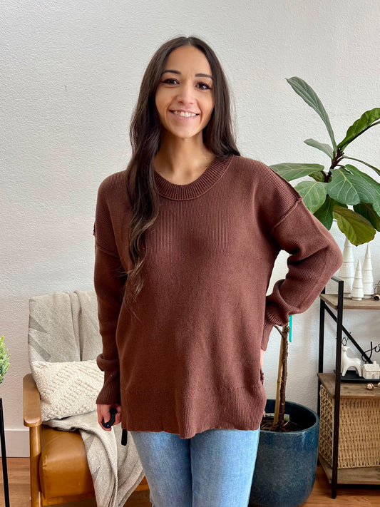 Brown Ribbed Exposed Seam Sweater