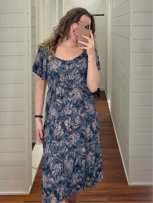 Navy Floral Sweetheart Midi Dress