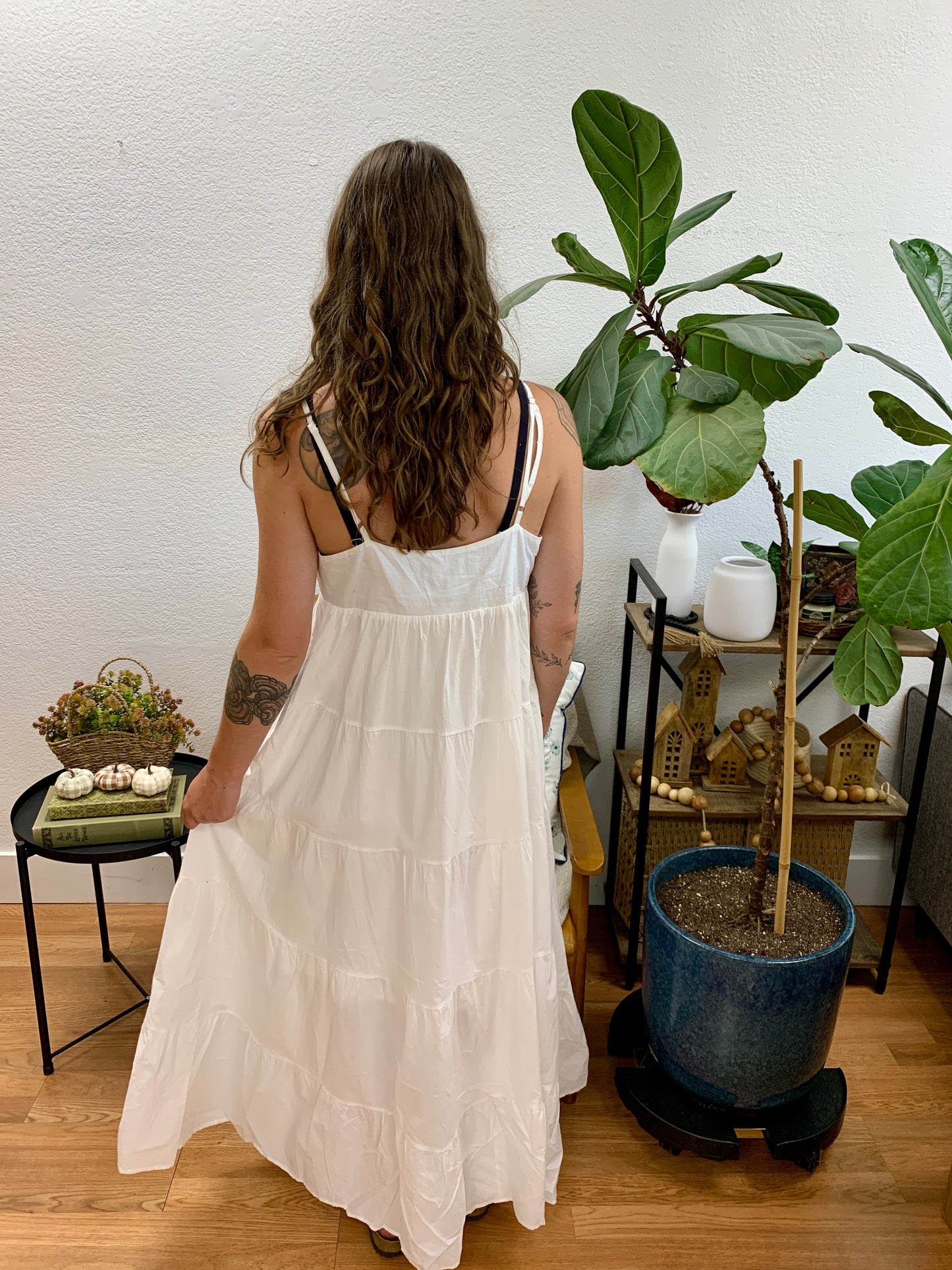 White V Neck Button Front Tiered Maxi Dress