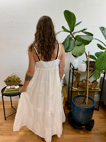 White V Neck Button Front Tiered Maxi Dress