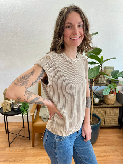 Khaki Acid Wash Tab Sleeve Knit Top