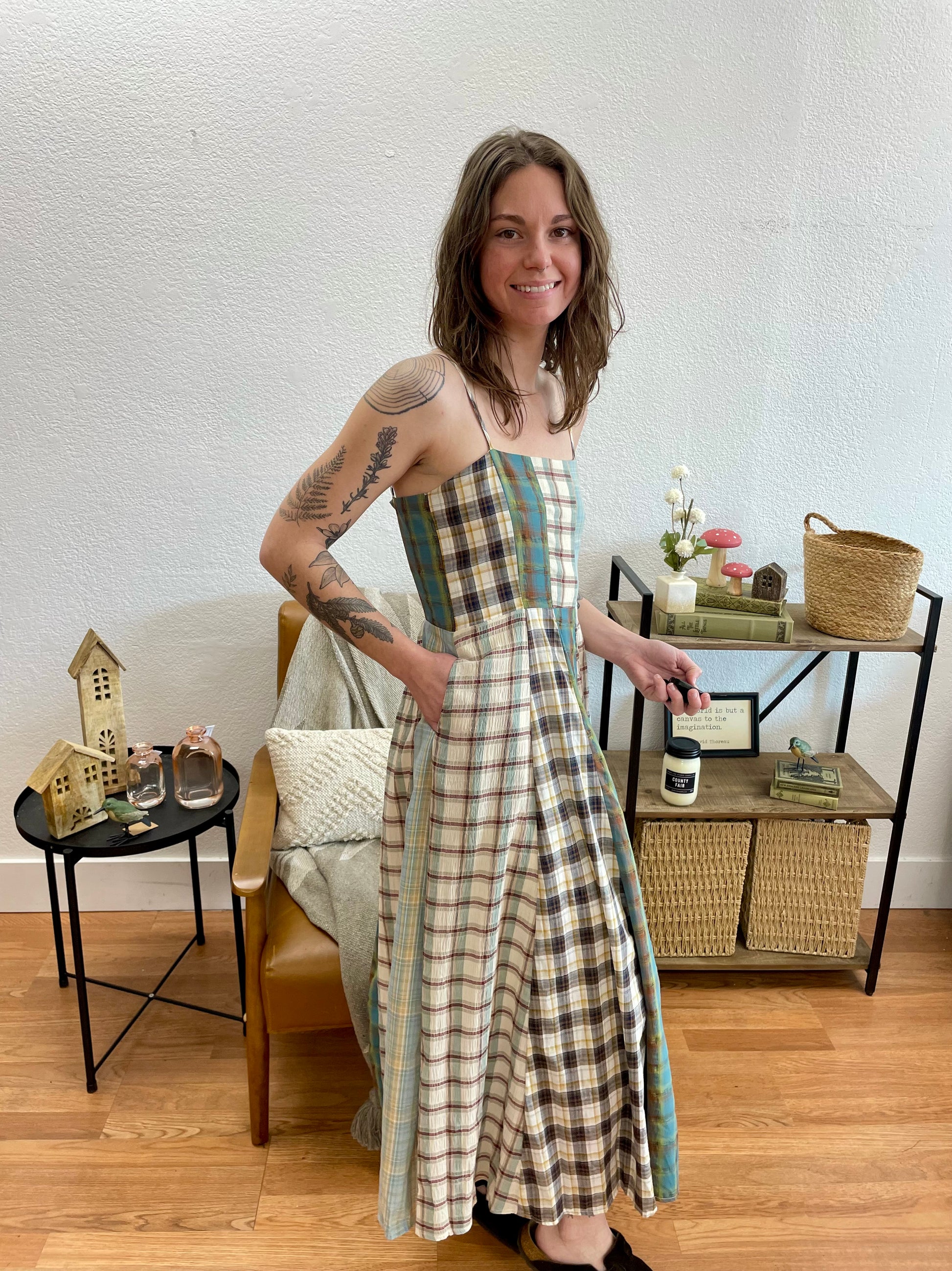 Sage Mixed Checkered Midi Dress - Terra Cottage