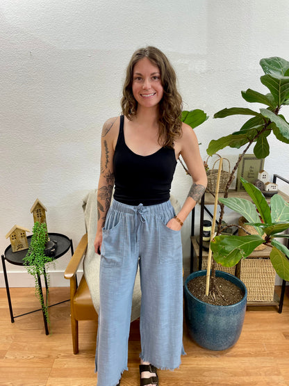 Blue Raw Hem Drawstring Pants