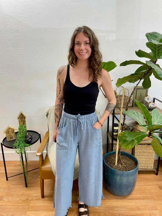Blue Raw Hem Drawstring Pants
