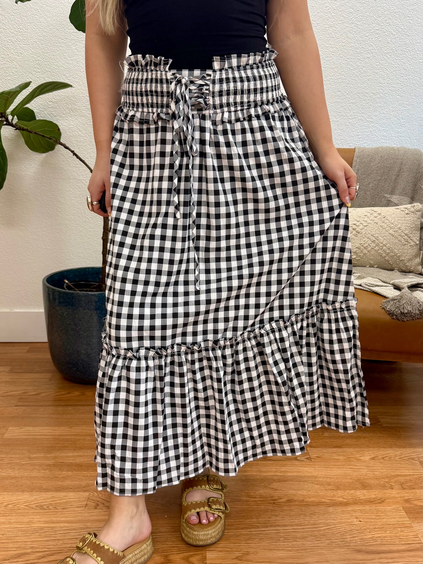 Black Gingham High Rise Smocked Skirt