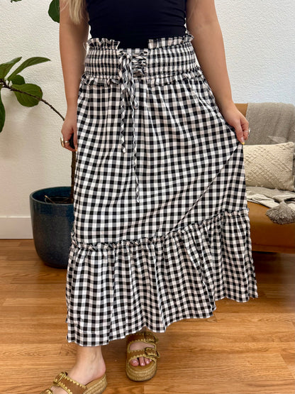 Black Gingham High Rise Smocked Skirt