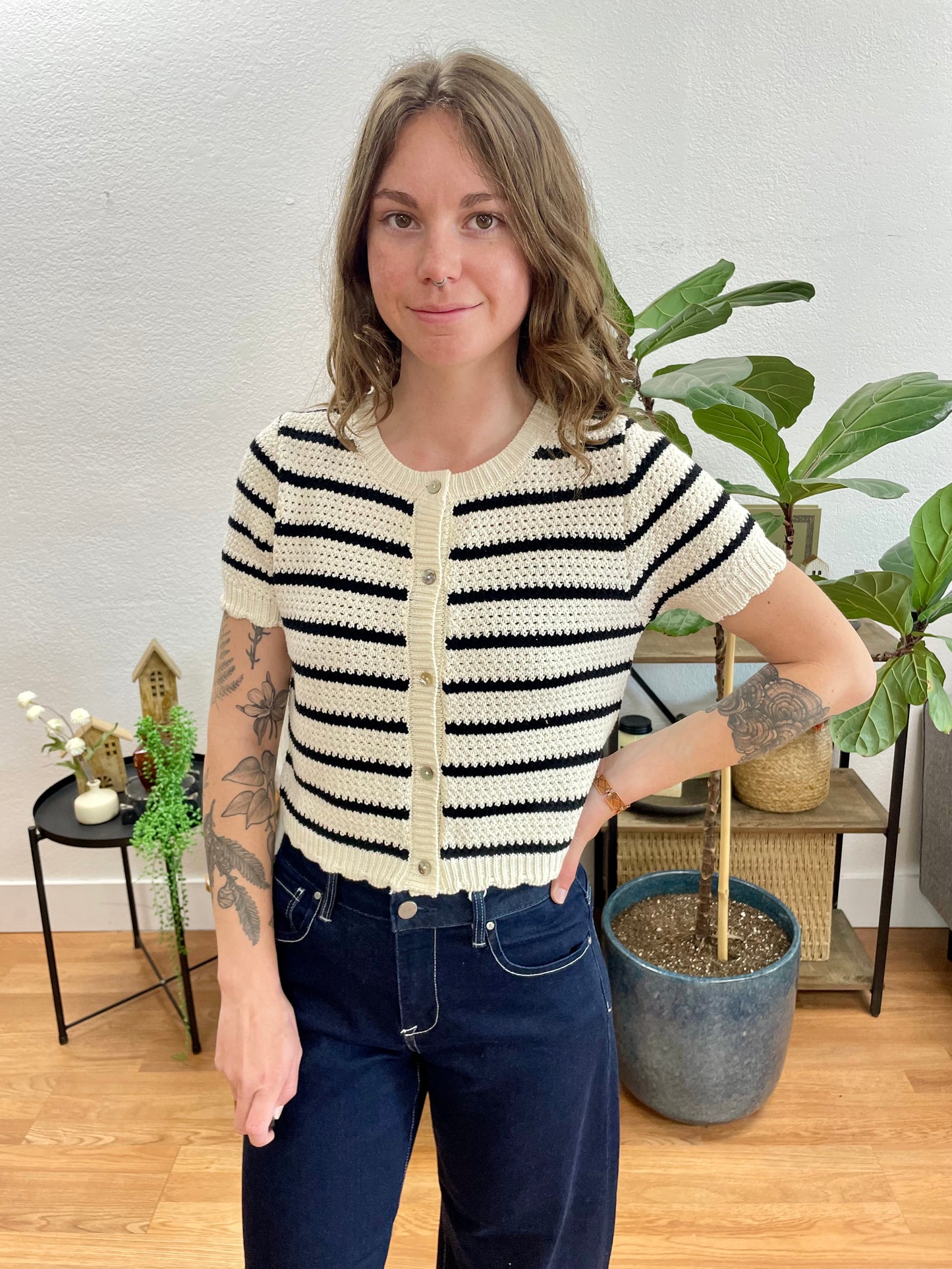 Black Striped Short Sleeve Cardigan