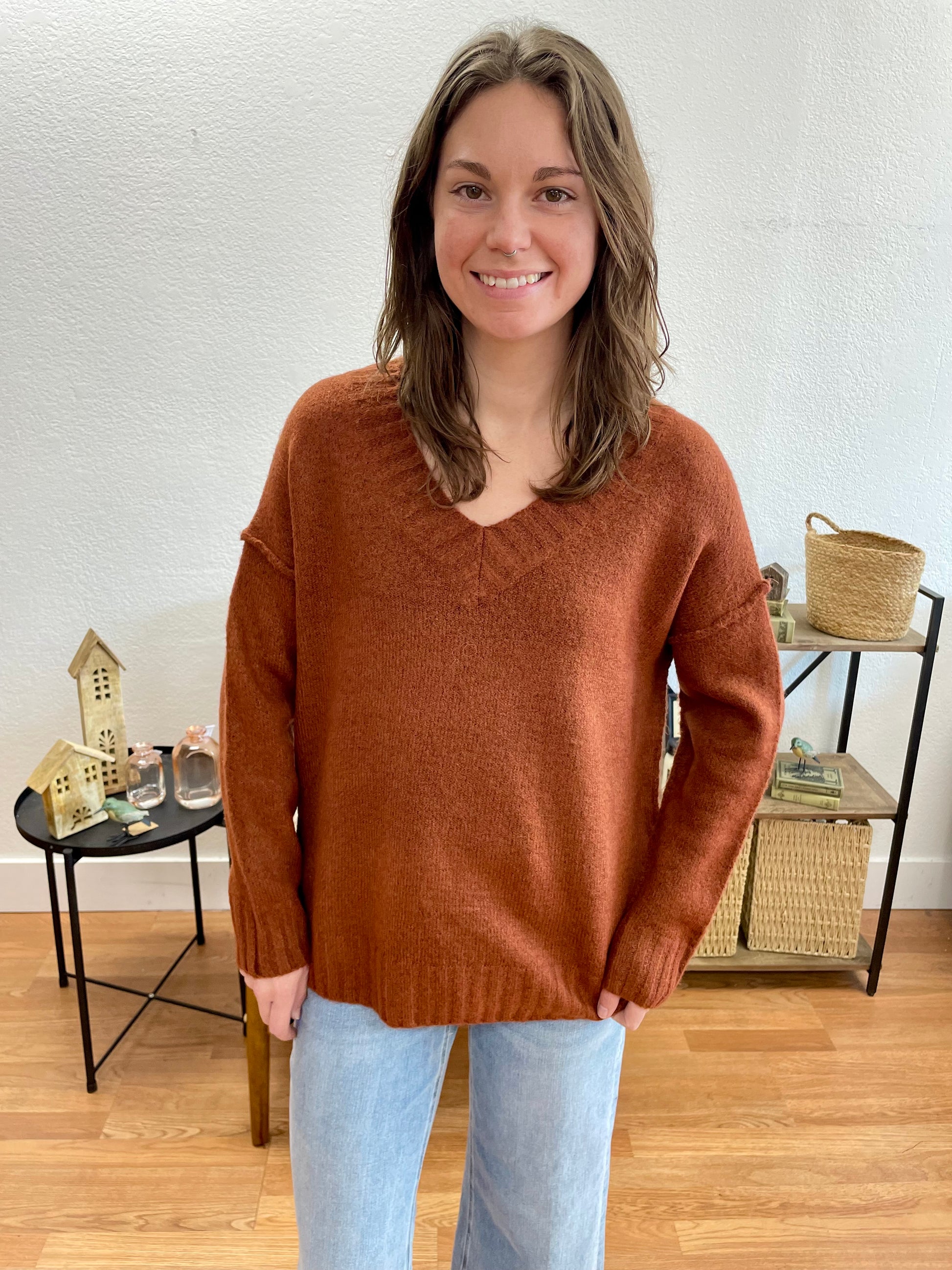Rust V- Neck Pullover - Terra Cottage
