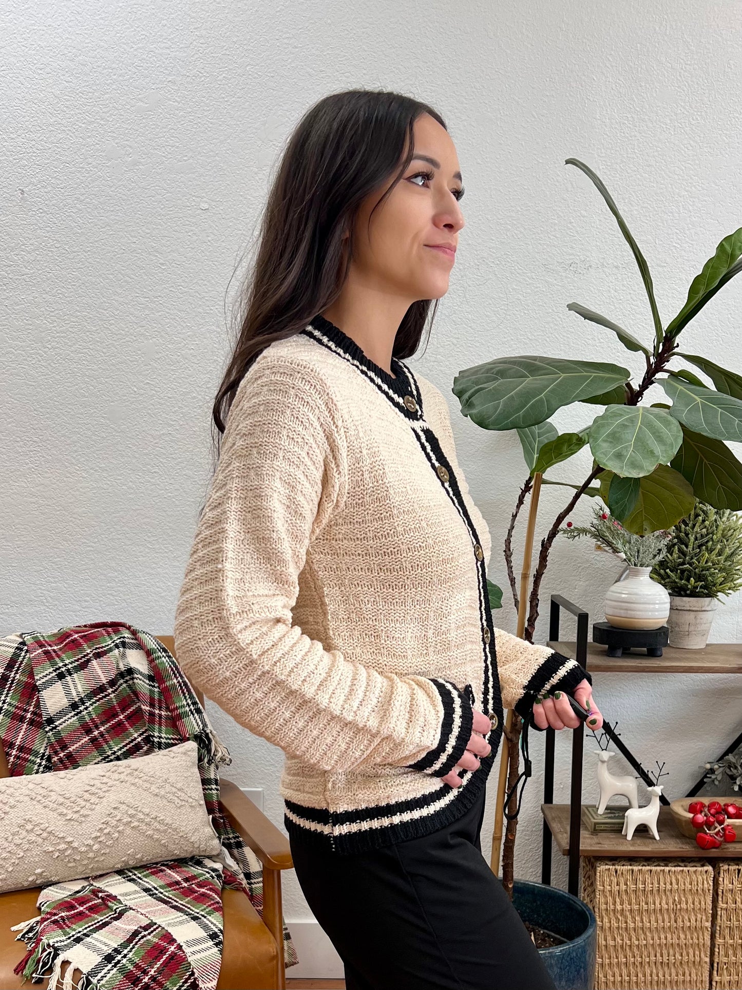 Ivory/ Black Contrast Trim Classic Cardigan