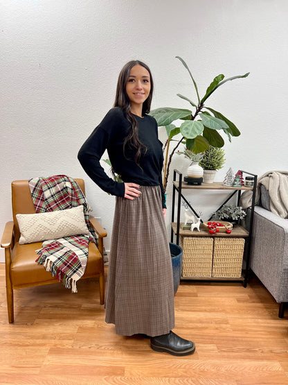 Olive Plaid Pocket Midi Skirt