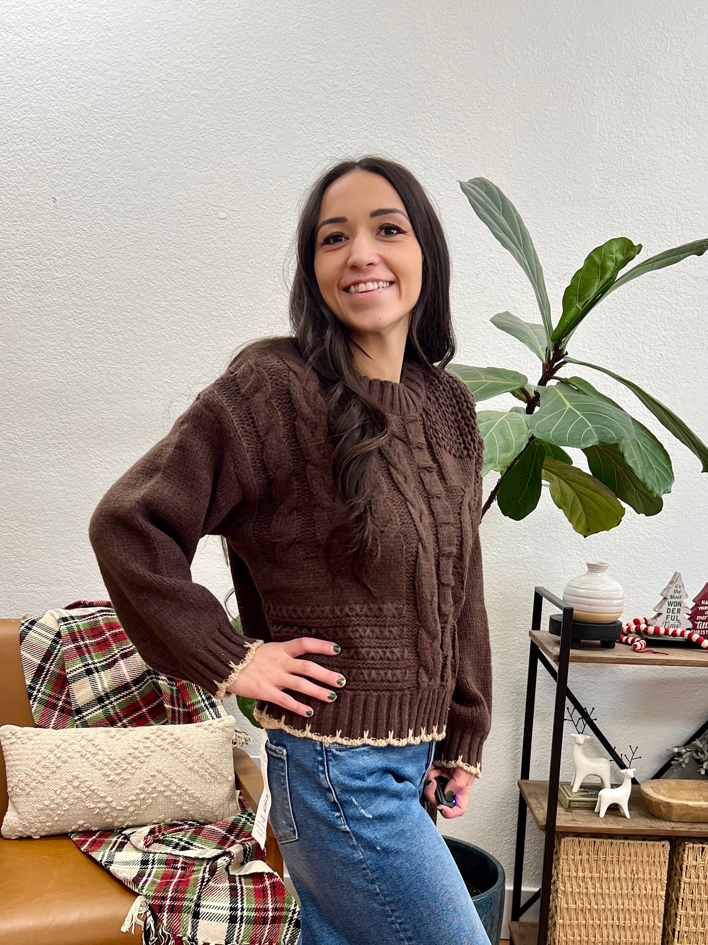 Brown Contrast Stitch Sweater