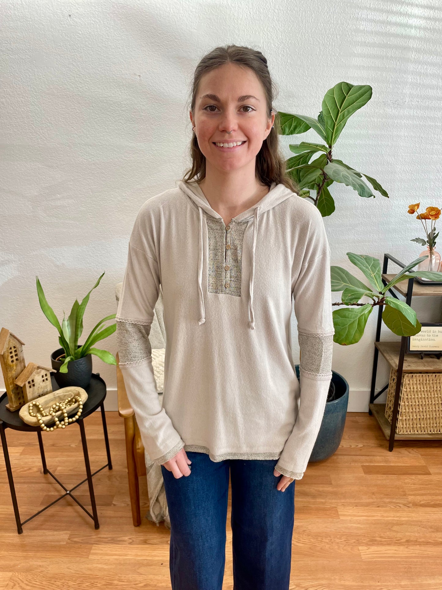 Taupe Mixed Texture Hoodie - Terra Cottage