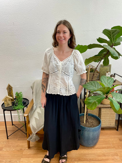 Black Smocked Midi Skirt