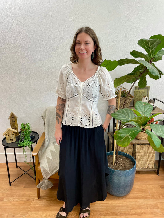 Black Smocked Midi Skirt