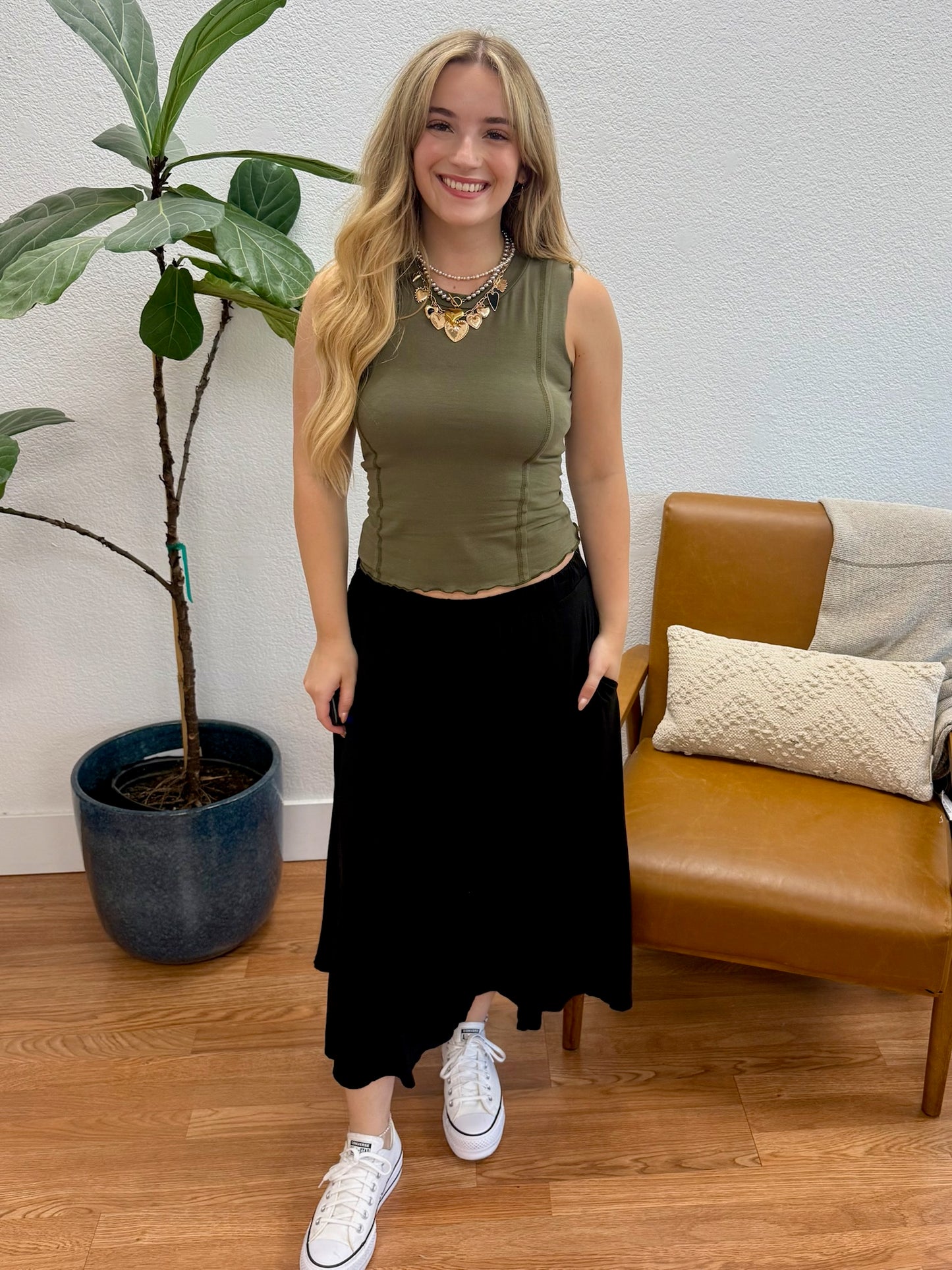 Black Pleated A-Line Skirt